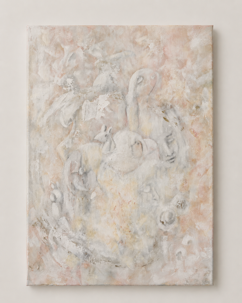 No. 003 – abstraktes Originalgemälde von Chiara De Rosa in zarten Rosa-, Creme- und Grautönen mit organischen Formen